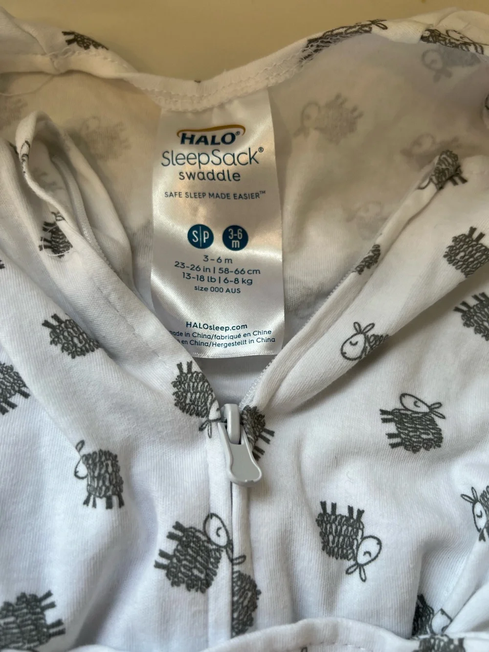 Halo White SleepSack Swaddle with Gray Sheep Print 3-6 month